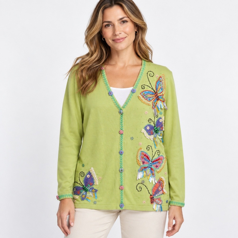 Berek BY Takako Sakon Butterfly Cardigan Sweater Lime Green Embroidered Beaded M
